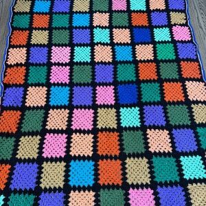 Vtg Granny Square Cottagecore Crochet Knit Colorful Blanket Afghan Handmade Cozy